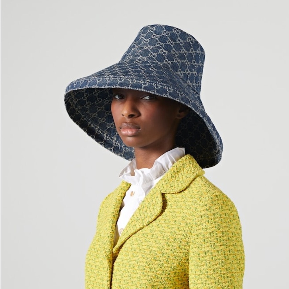 Navy Blue Jacquard Denim Monogram Wide Large Brim Bucket Hat Beach New Sun Cover - Picture 11 of 15